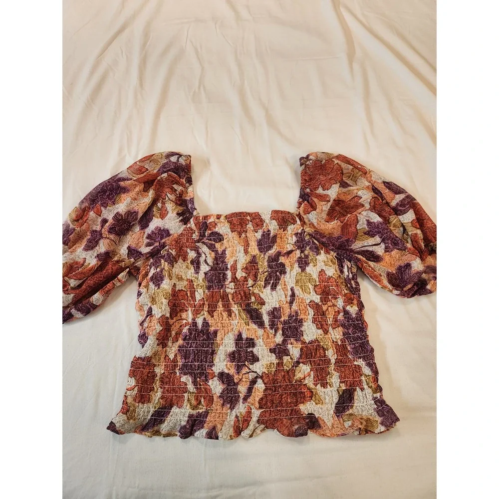 Old Navy Women XL Floral Smocked Puff Sleeve Blouse Square Neck Orange Purple‎
